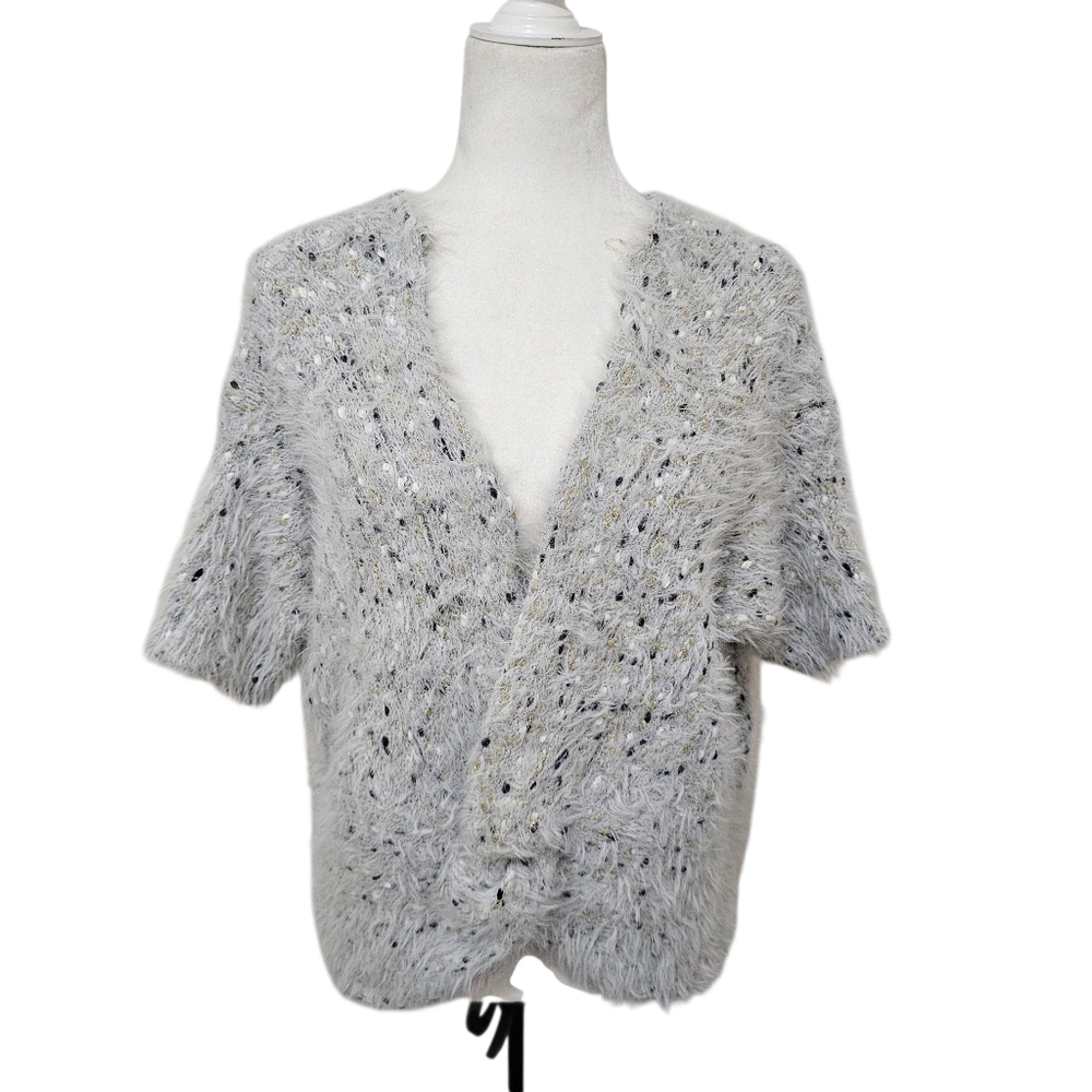 Anthropologie Fuzzy Eyelash  Cardigan Sweater Gray Short Sleeve One Size Womens